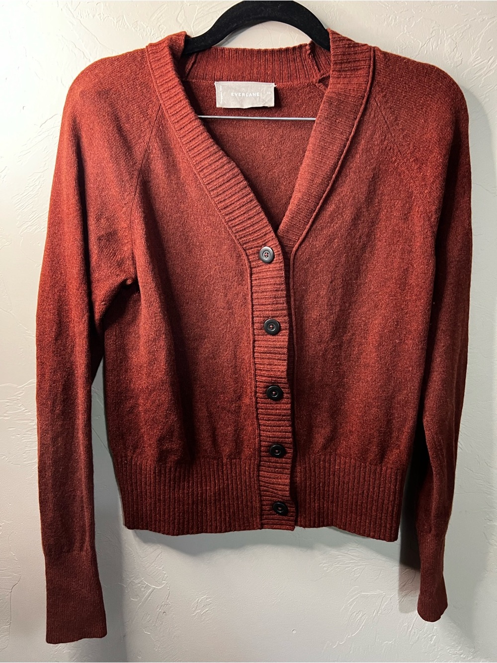 Everlane ReCashmere Wool Rust Red Varsity V Neck Button Front Cardigan Sweater - Picture 2 of 7